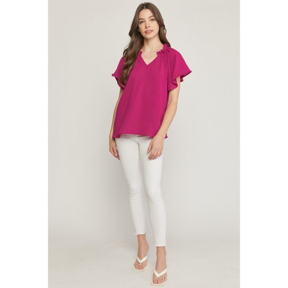 Entro Ruffled Flutter Sleeve Blouse, Magenta - Picture 5 of 7